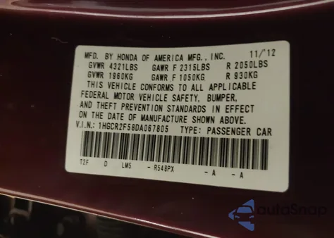 2013 Honda Accord Sport z USA, uszkodzony, nr VIN 1HGCR2F58DA067805